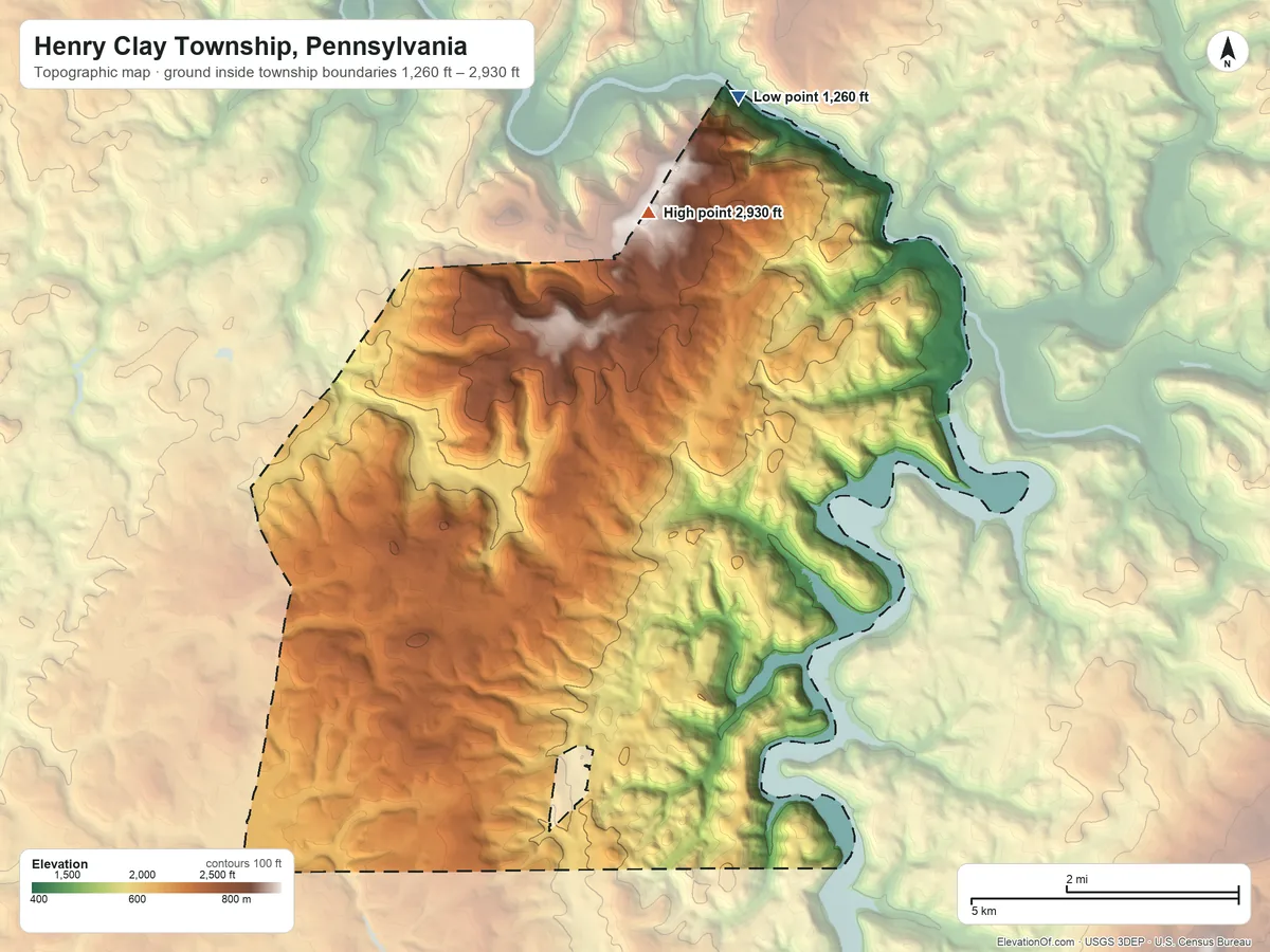 Topographic elevation map of Henry Clay Township, Pennsylvania, shaded from 1,260 ft on the north side to 2,930 ft on the north side