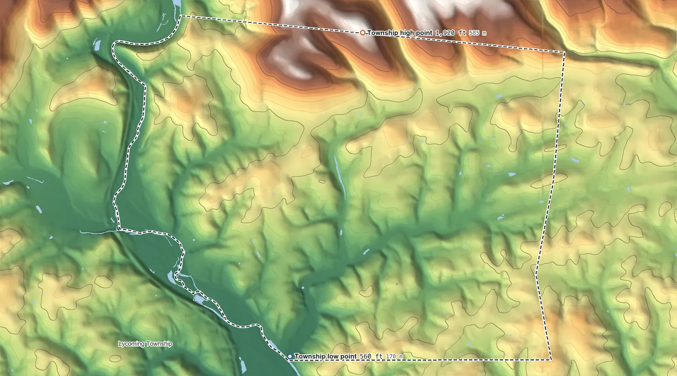 Topographic elevation map of Hepburn Township, Pennsylvania, shaded from 560 ft on the southwest side to 1,920 ft on the north side