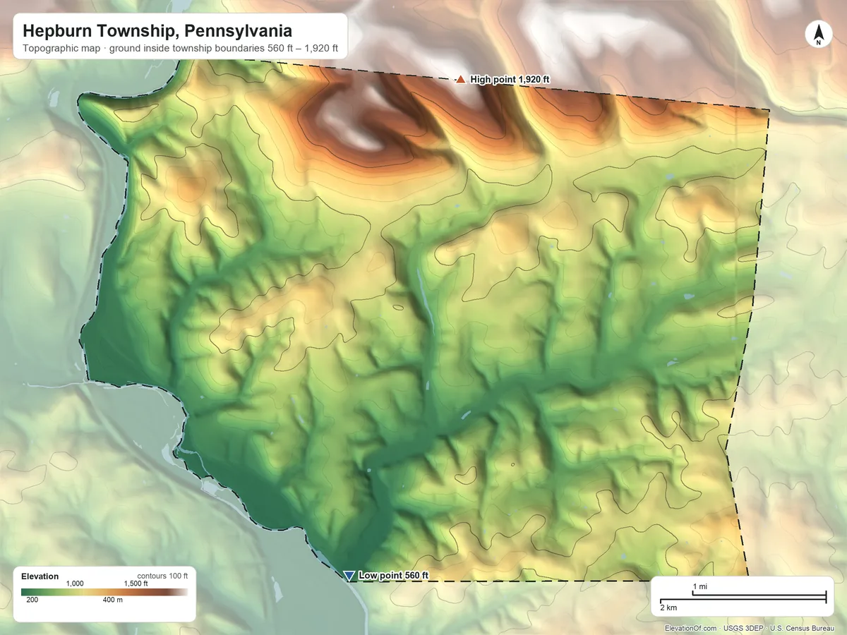 Topographic elevation map of Hepburn Township, Pennsylvania, shaded from 560 ft on the southwest side to 1,920 ft on the north side