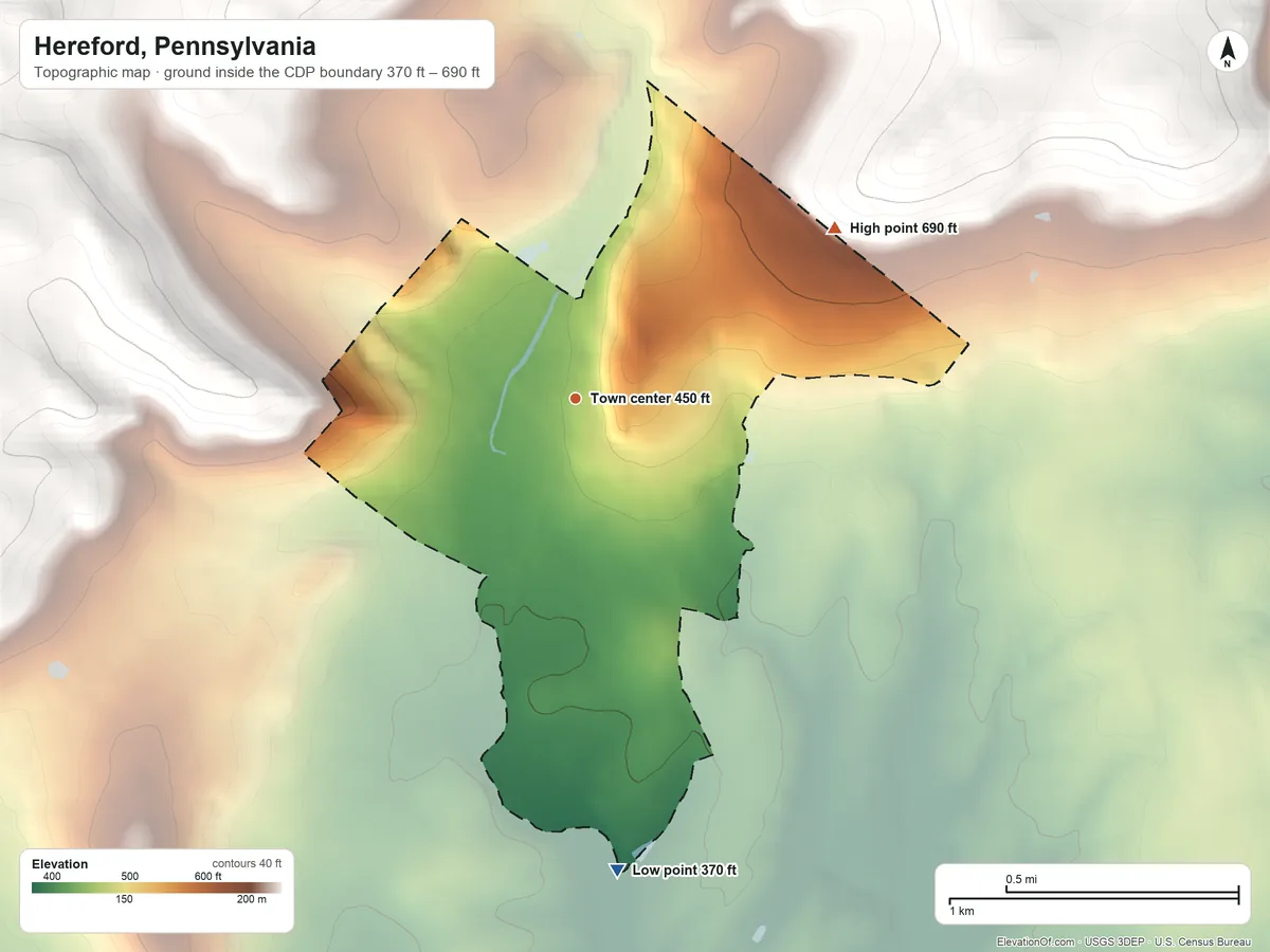 Topographic elevation map of Hereford, Pennsylvania, shaded from 370 ft on the south side to 690 ft on the northeast side
