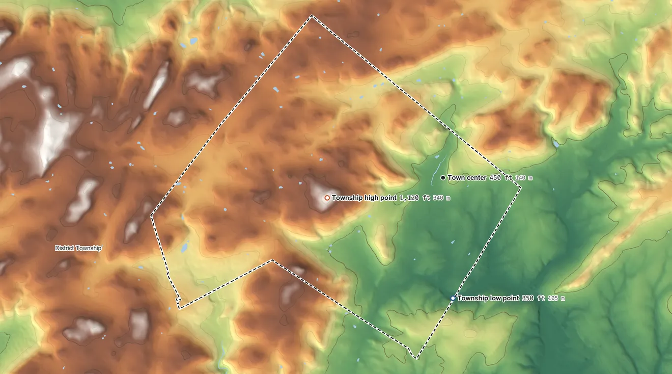 Topographic elevation map of Hereford Township, Pennsylvania, shaded from 350 ft on the south side to 1,120 ft on the west side