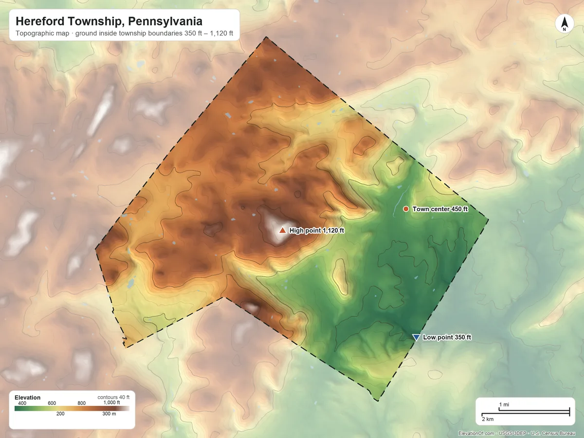 Topographic elevation map of Hereford Township, Pennsylvania, shaded from 350 ft on the south side to 1,120 ft on the west side