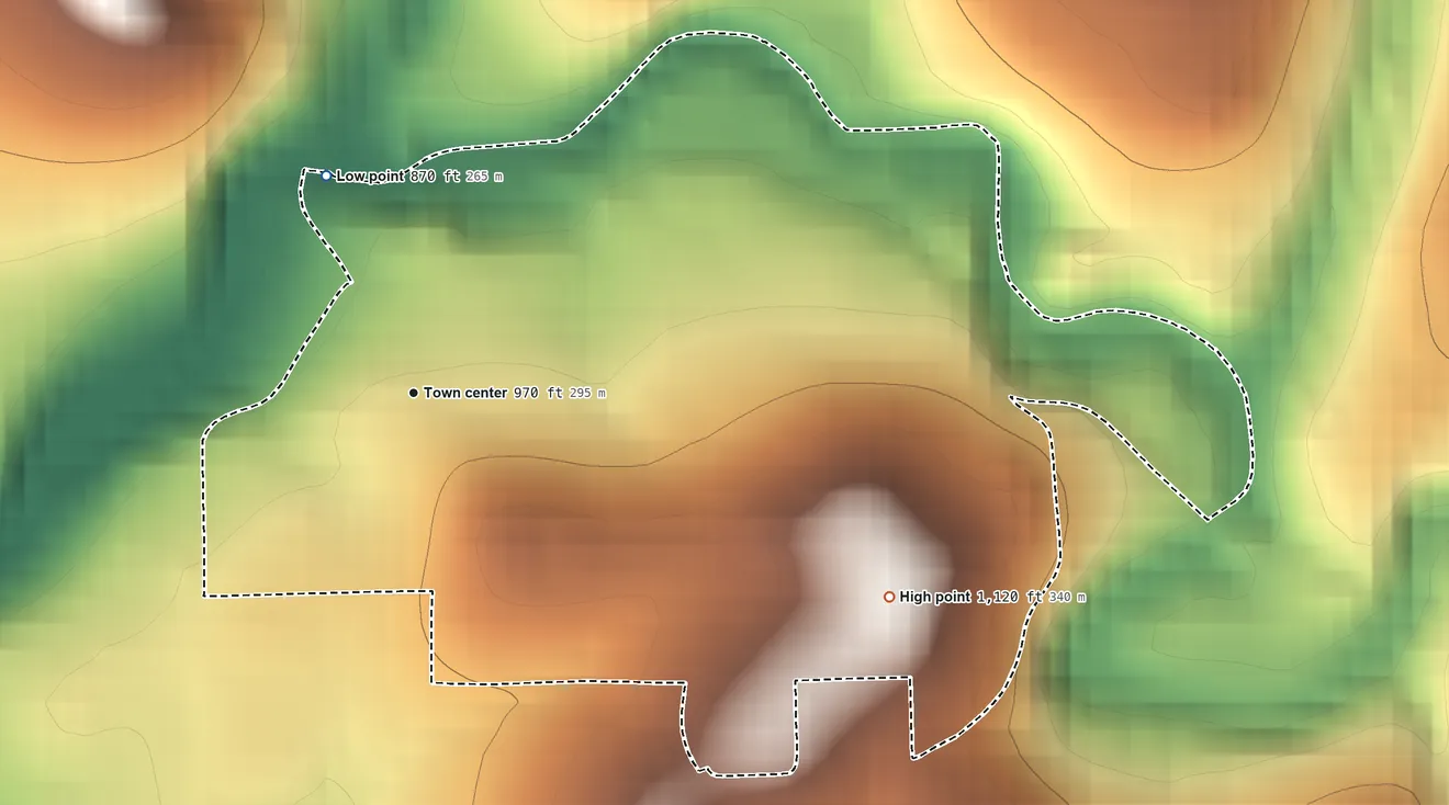 Topographic elevation map of Herminie, Pennsylvania, shaded from 870 ft on the north side to 1,120 ft on the southeast side
