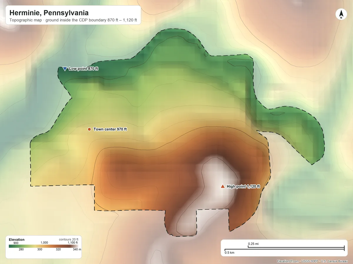 Topographic elevation map of Herminie, Pennsylvania, shaded from 870 ft on the north side to 1,120 ft on the southeast side