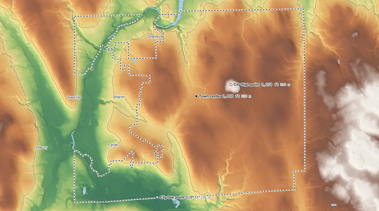 Topographic elevation map of Hermitage, Pennsylvania, shaded from 820 ft on the south side to 1,270 ft on Keel Ridge
