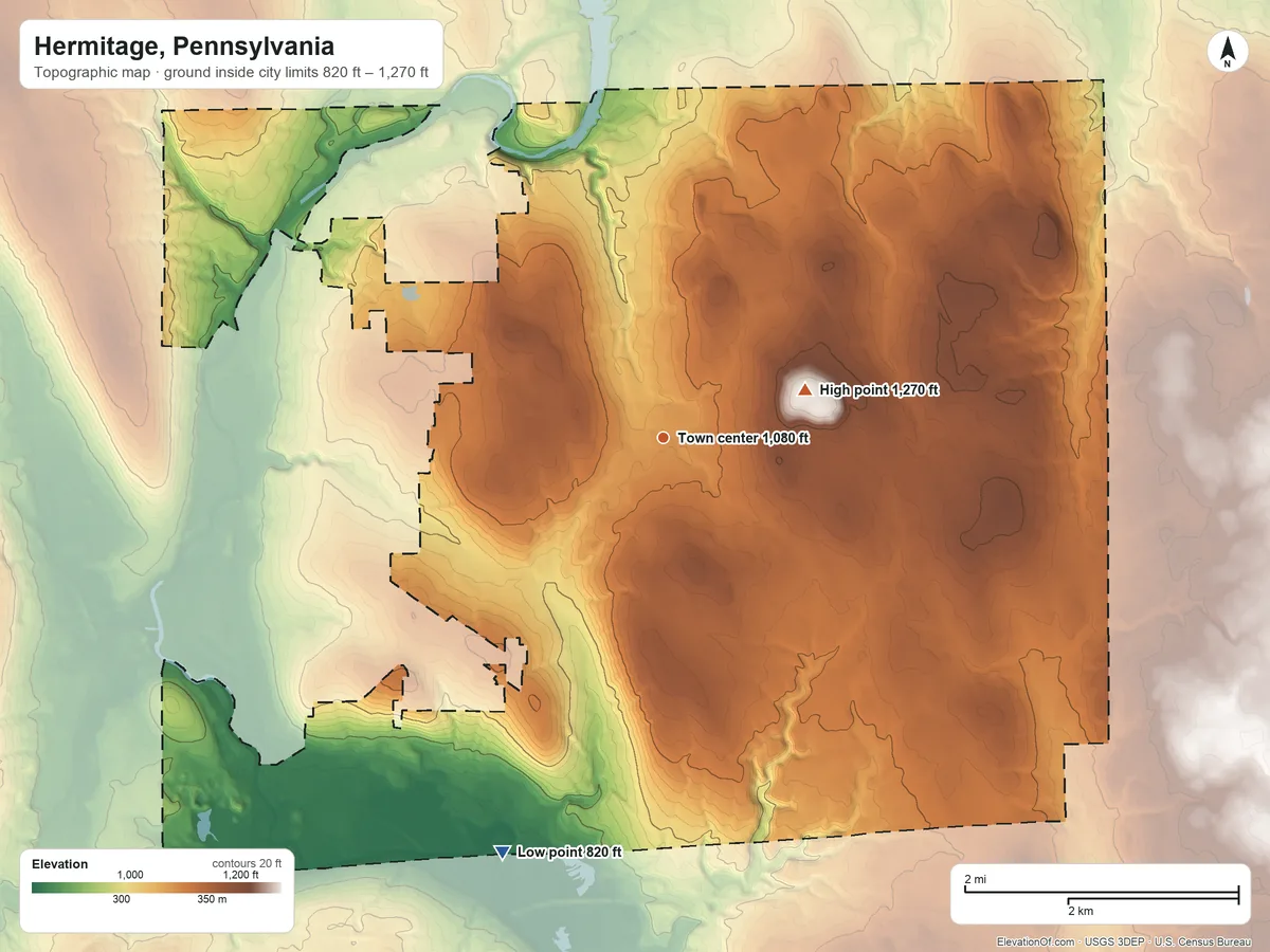 Topographic elevation map of Hermitage, Pennsylvania, shaded from 820 ft on the south side to 1,270 ft on Keel Ridge