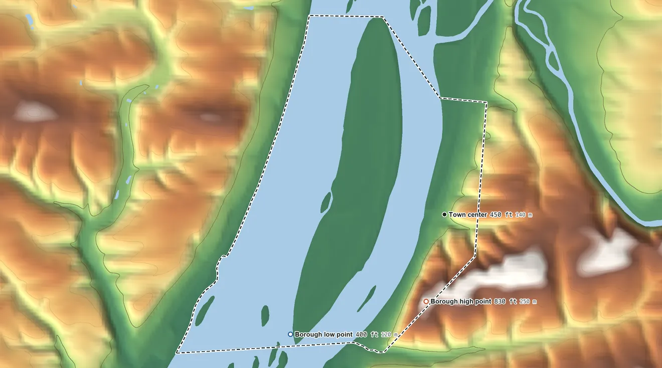 Topographic elevation map of Herndon, Pennsylvania, shaded from 400 ft on the southwest side to 830 ft on the south side