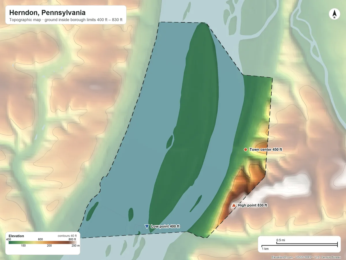 Topographic elevation map of Herndon, Pennsylvania, shaded from 400 ft on the southwest side to 830 ft on the south side