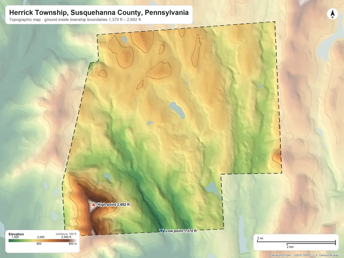 Topographic elevation map of Herrick Township, Susquehanna County, Pennsylvania, shaded from 1,370 ft on the south side to 2,692 ft on North Knob