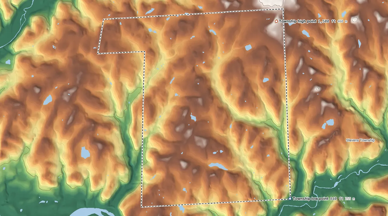 Topographic elevation map of Herrick Township, Pennsylvania, shaded from 840 ft on the southeast side to 1,500 ft on the northeast side