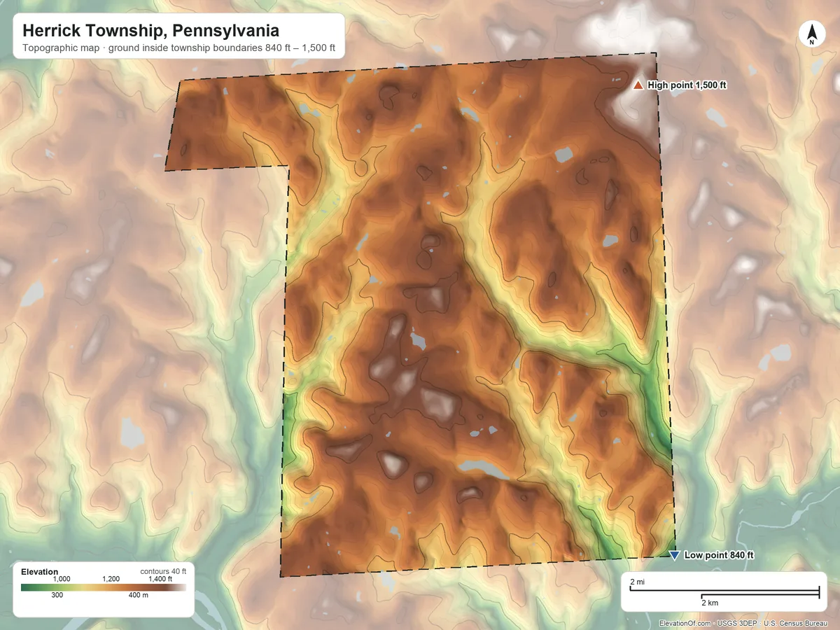 Topographic elevation map of Herrick Township, Pennsylvania, shaded from 840 ft on the southeast side to 1,500 ft on the northeast side
