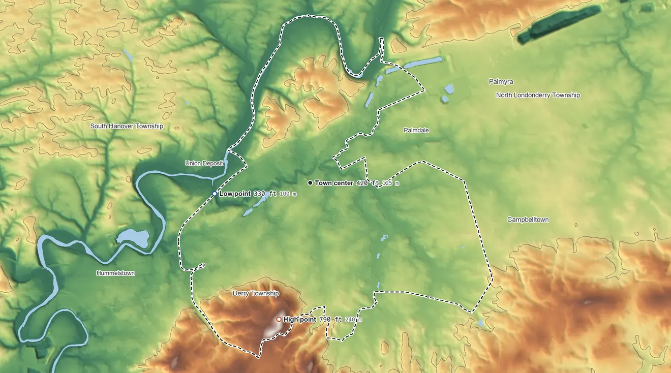 Topographic elevation map of Hershey, Pennsylvania, shaded from 330 ft on the west side to 790 ft on the south side