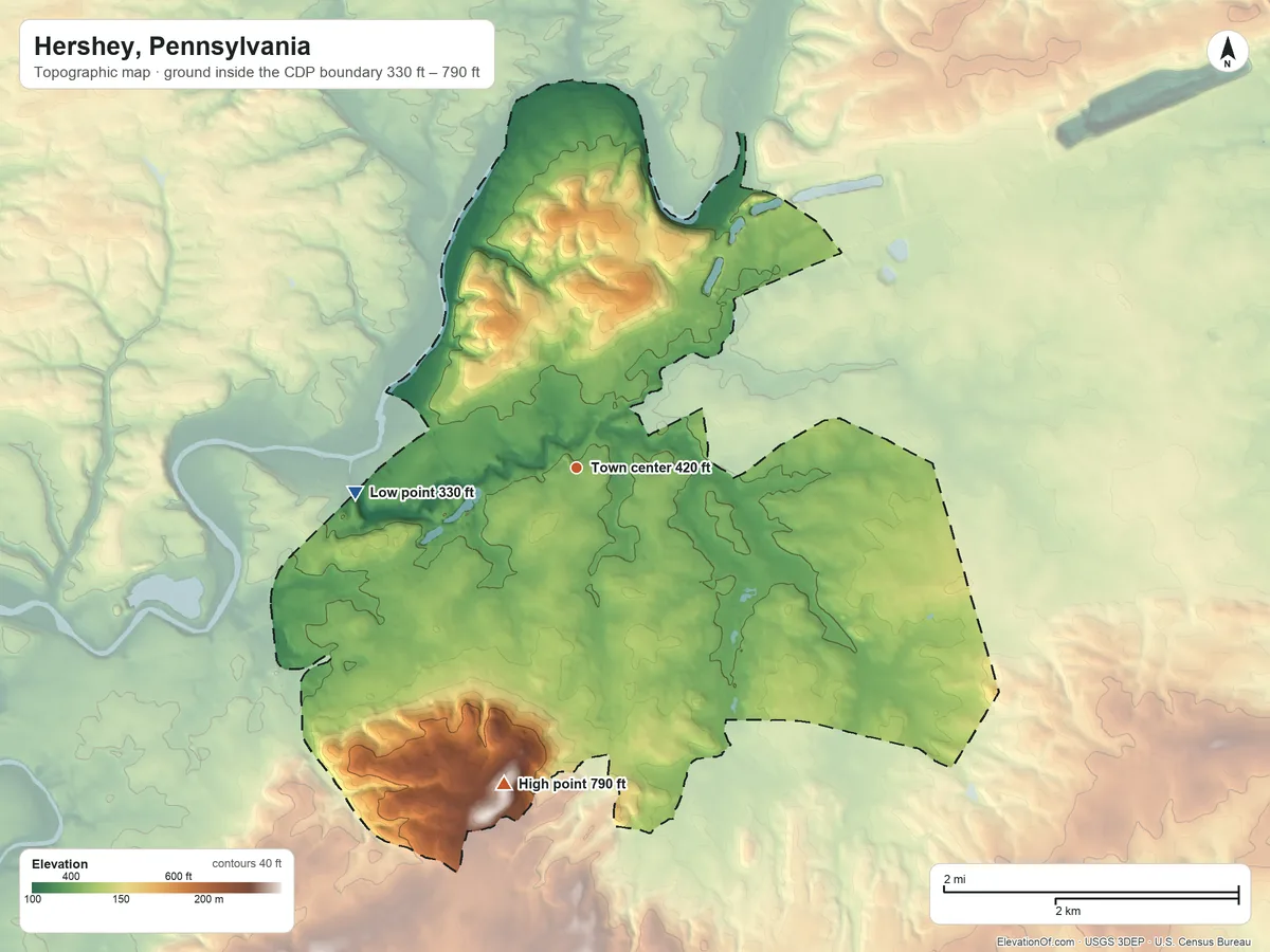 Topographic elevation map of Hershey, Pennsylvania, shaded from 330 ft on the west side to 790 ft on the south side