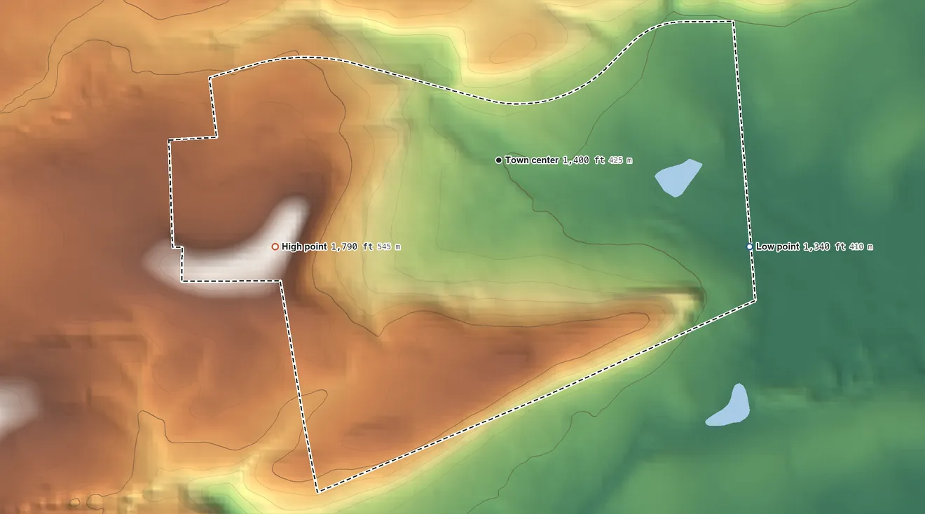 Topographic elevation map of Hickory Hills, Pennsylvania, shaded from 1,340 ft on the east side to 1,790 ft on the west side
