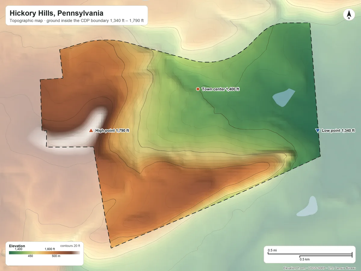 Topographic elevation map of Hickory Hills, Pennsylvania, shaded from 1,340 ft on the east side to 1,790 ft on the west side