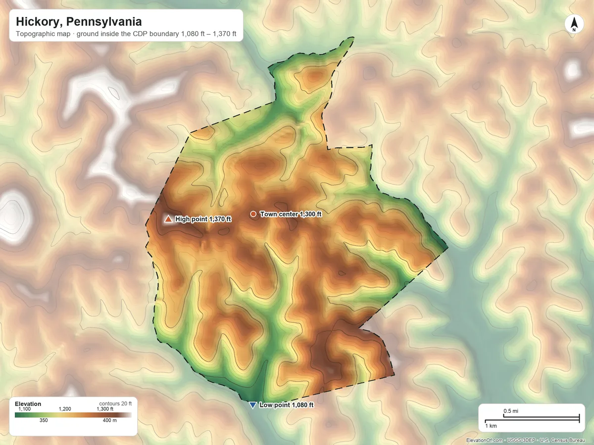 Topographic elevation map of Hickory, Pennsylvania, shaded from 1,080 ft on the south side to 1,370 ft on the west side