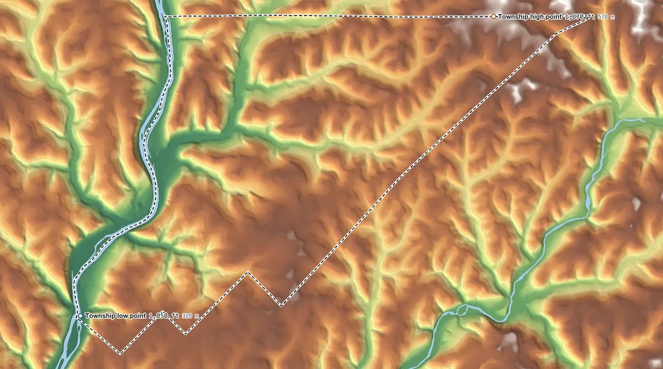 Topographic elevation map of Hickory Township, Forest County, Pennsylvania, shaded from 1,050 ft on the southwest side to 1,870 ft on the northeast side