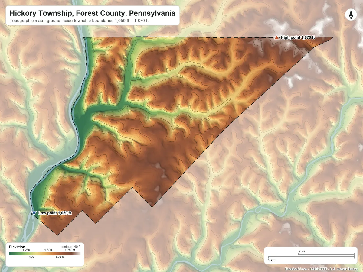 Topographic elevation map of Hickory Township, Forest County, Pennsylvania, shaded from 1,050 ft on the southwest side to 1,870 ft on the northeast side