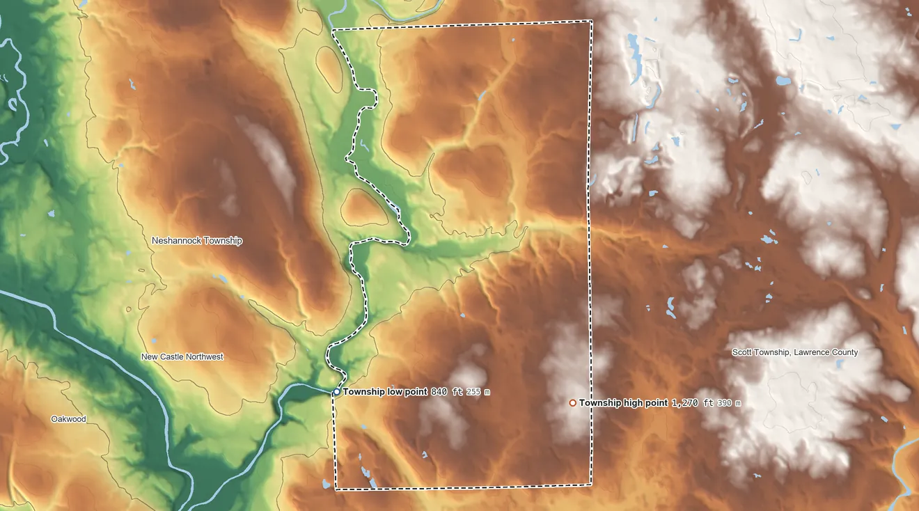 Topographic elevation map of Hickory Township, Pennsylvania, shaded from 840 ft on the southwest side to 1,270 ft on the southeast side