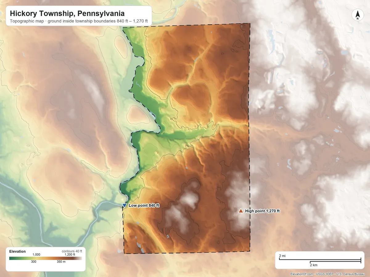 Topographic elevation map of Hickory Township, Pennsylvania, shaded from 840 ft on the southwest side to 1,270 ft on the southeast side