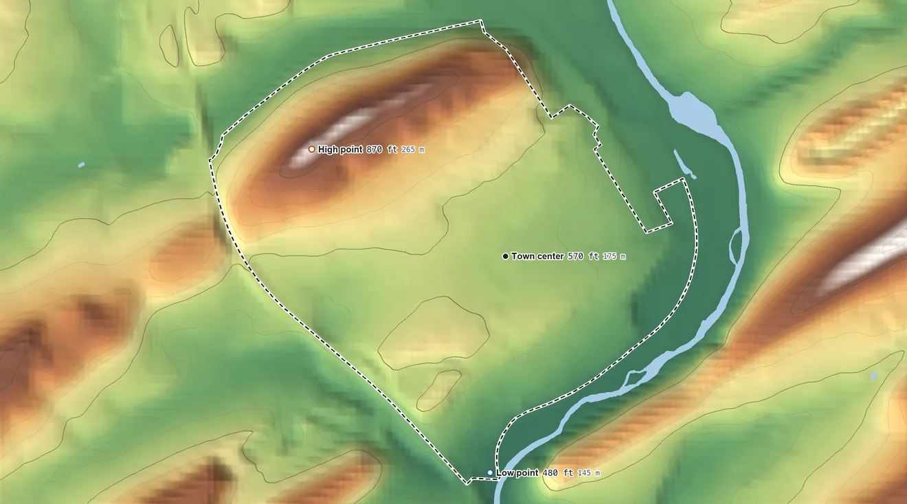 Topographic elevation map of Highland Park, Pennsylvania, shaded from 480 ft on the south side to 870 ft at the foot of the Jacks Mountain