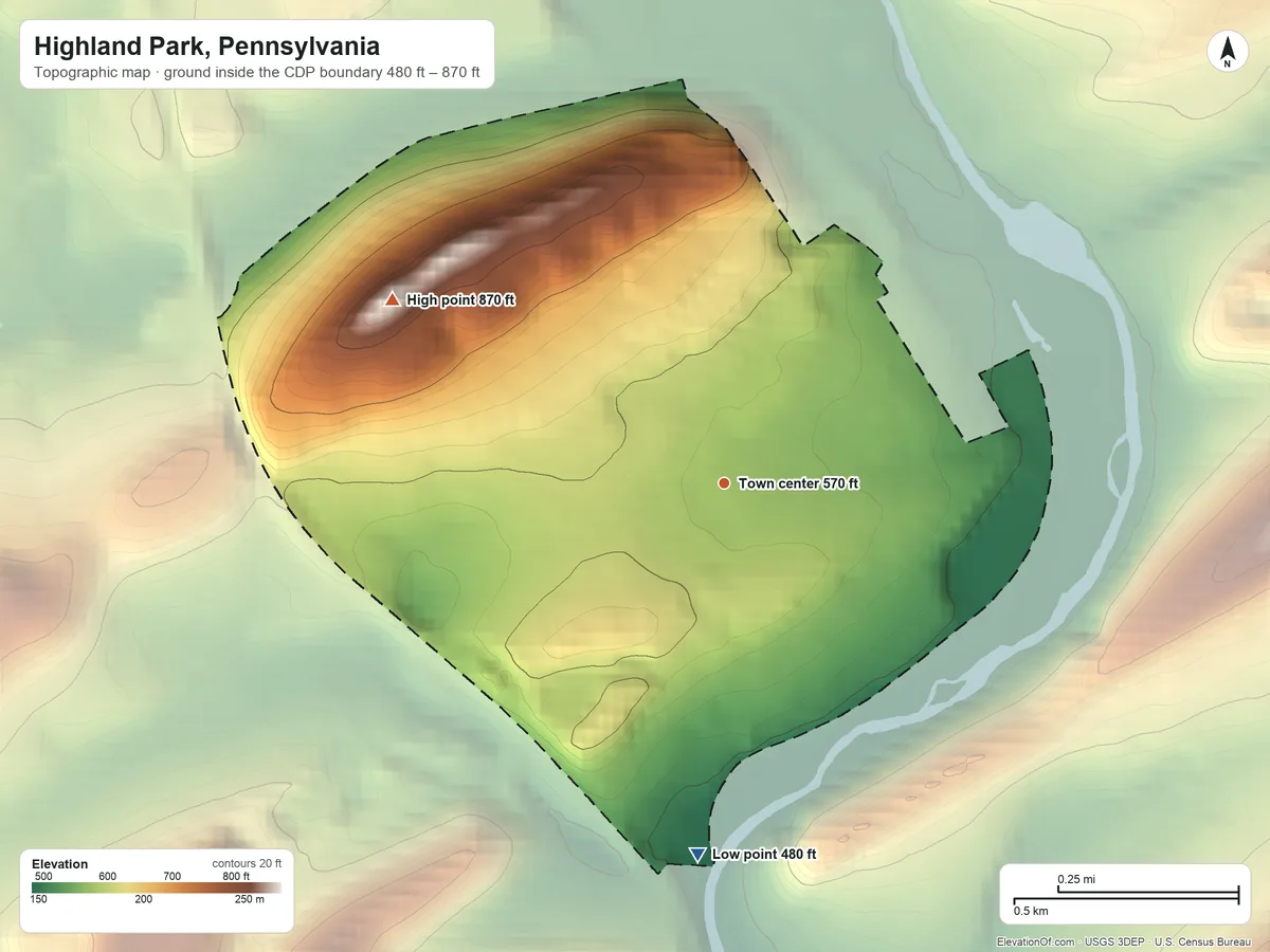 Topographic elevation map of Highland Park, Pennsylvania, shaded from 480 ft on the south side to 870 ft at the foot of the Jacks Mountain
