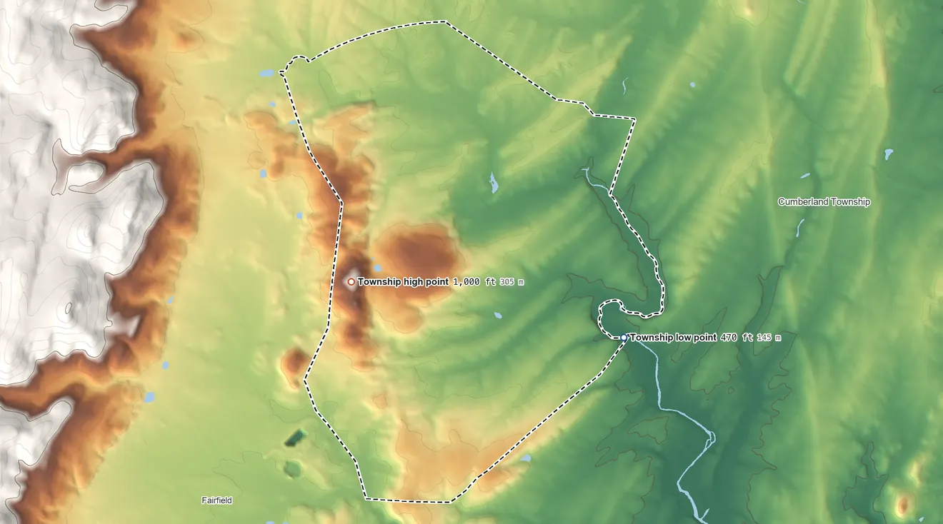 Topographic elevation map of Highland Township, Adams County, Pennsylvania, shaded from 470 ft on the east side to 1,000 ft on Wilson Hill