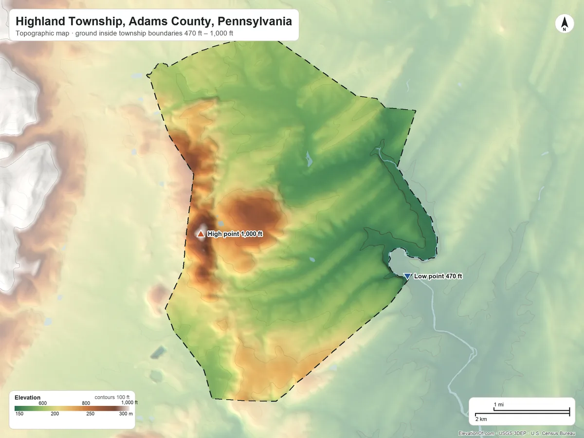 Topographic elevation map of Highland Township, Adams County, Pennsylvania, shaded from 470 ft on the east side to 1,000 ft on Wilson Hill