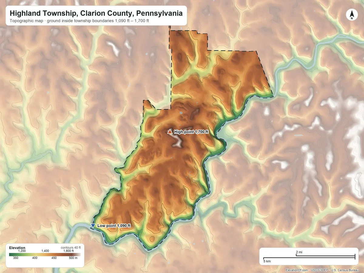 Topographic elevation map of Highland Township, Clarion County, Pennsylvania, shaded from 1,090 ft on the southwest side to 1,700 ft on the north side