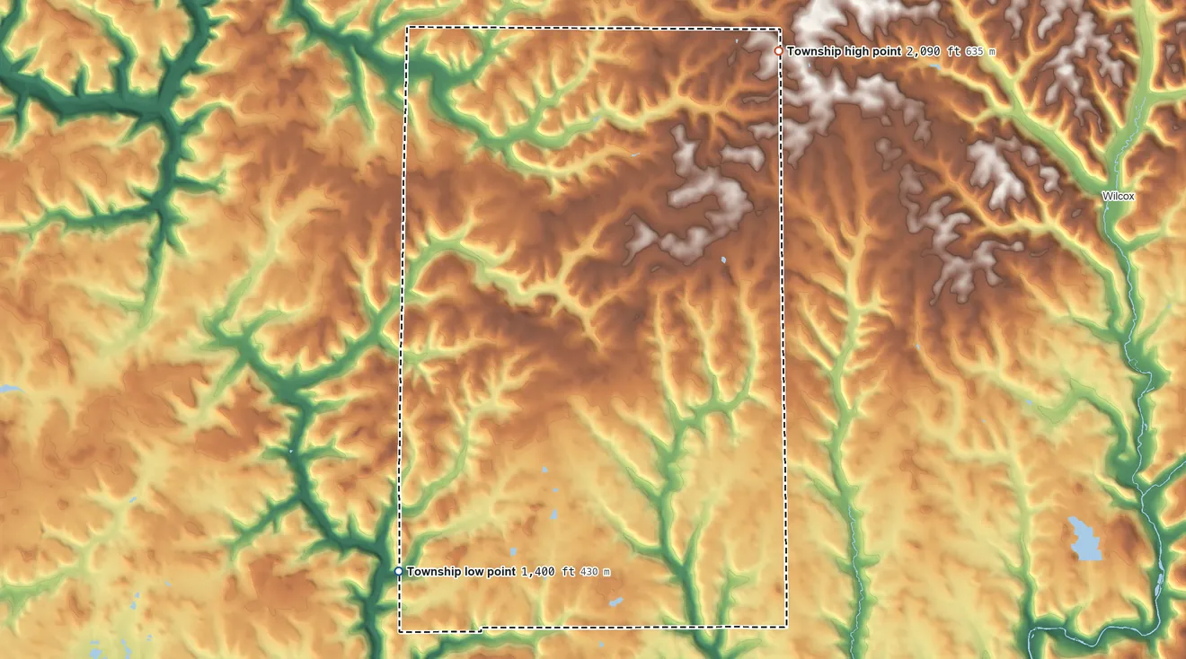 Topographic elevation map of Highland Township, Elk County, Pennsylvania, shaded from 1,400 ft on the southwest side to 2,090 ft on the northeast side