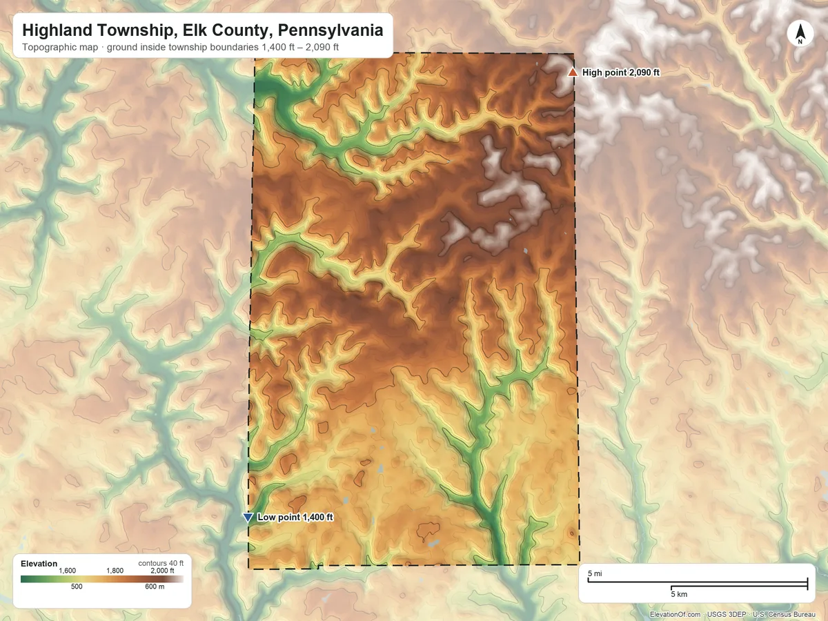 Topographic elevation map of Highland Township, Elk County, Pennsylvania, shaded from 1,400 ft on the southwest side to 2,090 ft on the northeast side