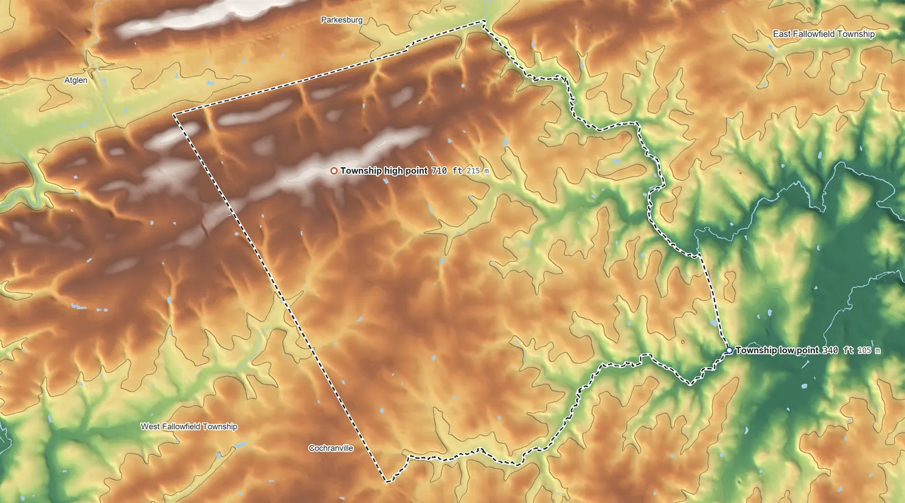 Topographic elevation map of Highland Township, Pennsylvania, shaded from 340 ft on the southeast side to 710 ft on the west side