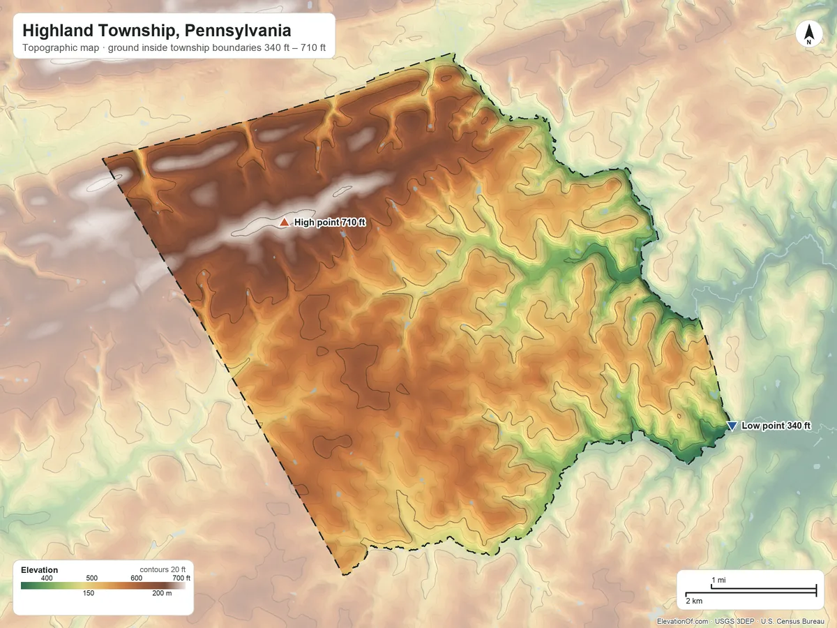 Topographic elevation map of Highland Township, Pennsylvania, shaded from 340 ft on the southeast side to 710 ft on the west side