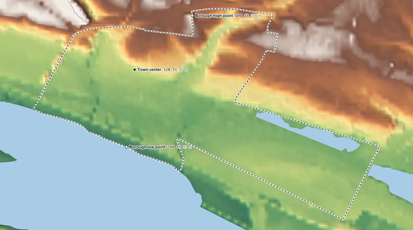 Topographic elevation map of Highspire, Pennsylvania, shaded from 280 ft on the south side to 400 ft at the foot of the Conewago Mountains