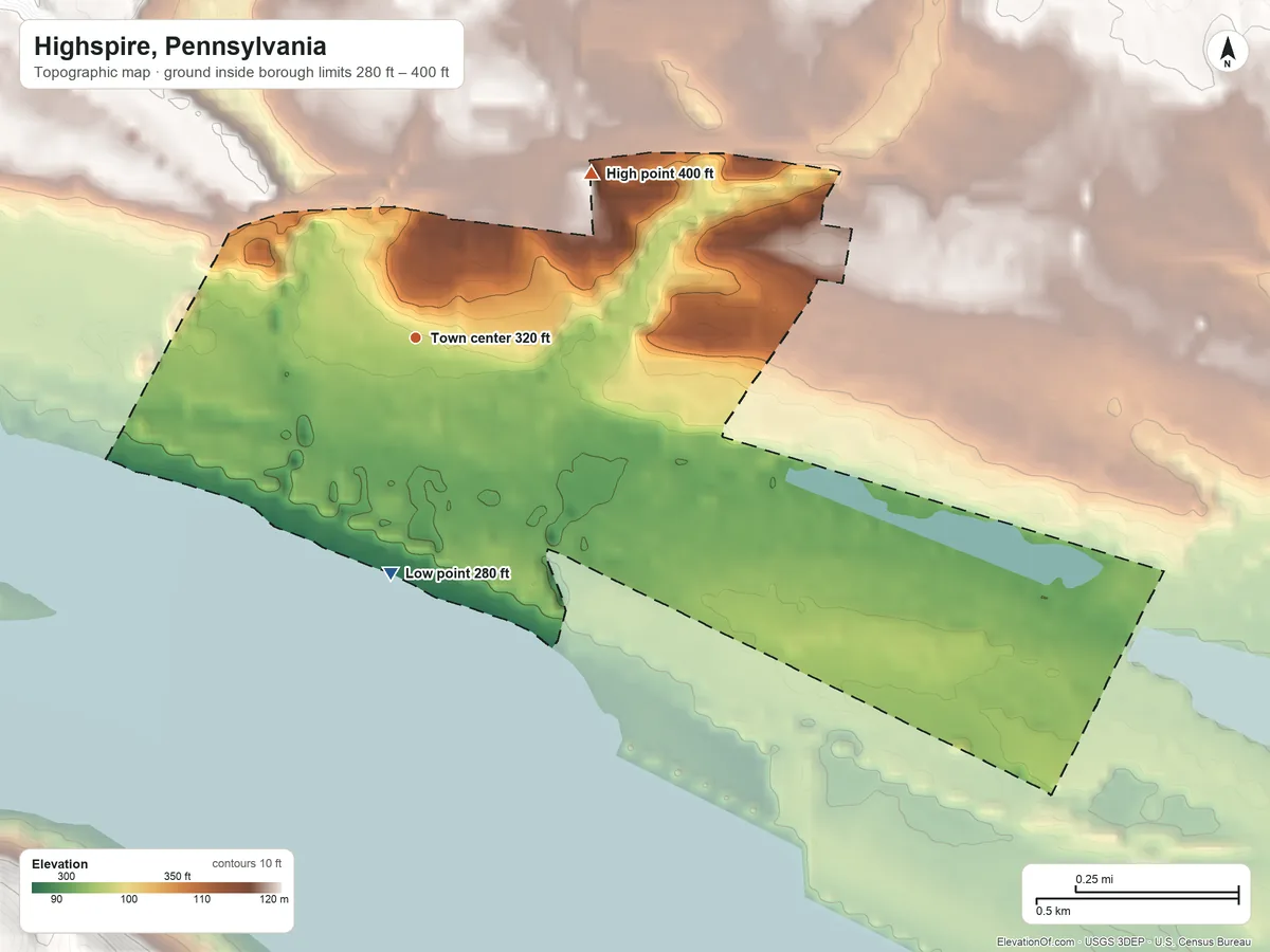 Topographic elevation map of Highspire, Pennsylvania, shaded from 280 ft on the south side to 400 ft at the foot of the Conewago Mountains