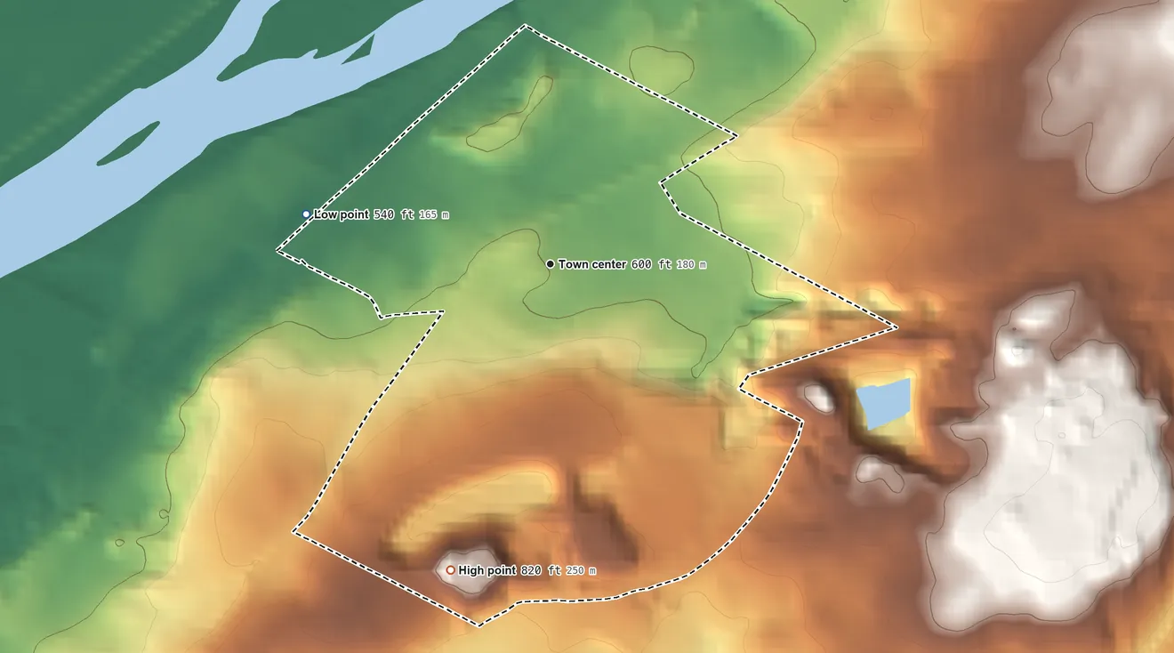 Topographic elevation map of Hilldale, Pennsylvania, shaded from 540 ft on the west side to 820 ft on the south side