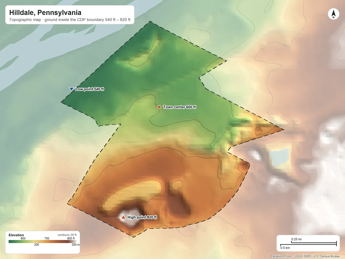 Topographic elevation map of Hilldale, Pennsylvania, shaded from 540 ft on the west side to 820 ft on the south side