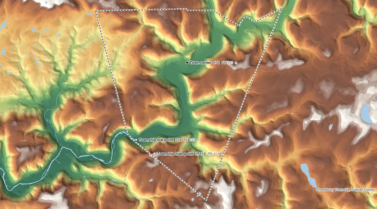 Topographic elevation map of Hillsgrove Township, Pennsylvania, shaded from 770 ft on the southwest side to 2,050 ft on the south side