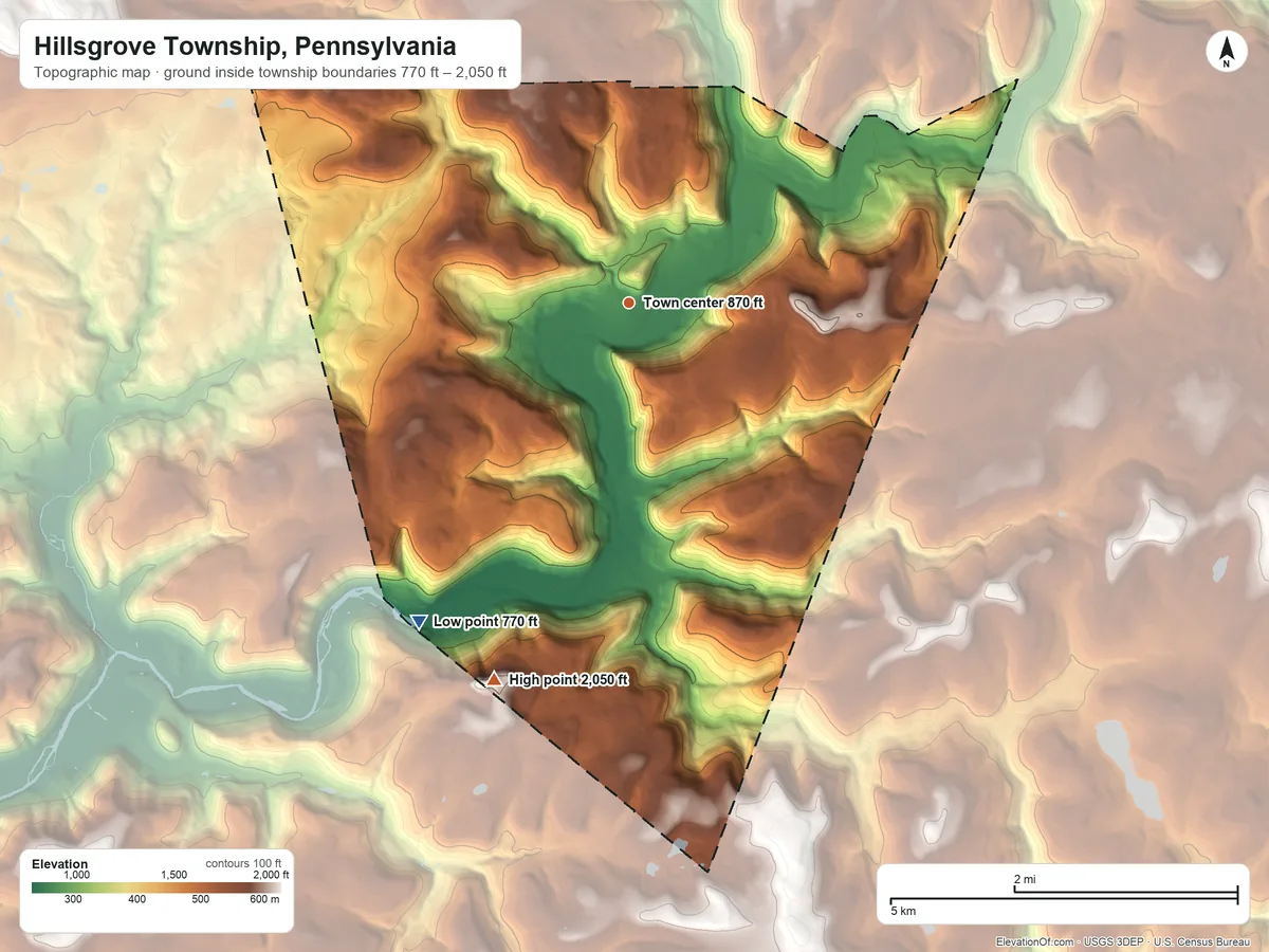 Topographic elevation map of Hillsgrove Township, Pennsylvania, shaded from 770 ft on the southwest side to 2,050 ft on the south side