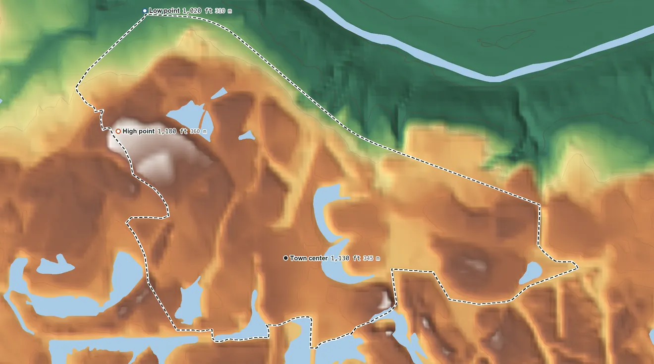 Topographic elevation map of Hillsville, Pennsylvania, shaded from 1,020 ft on the northwest side to 1,180 ft on the northwest side