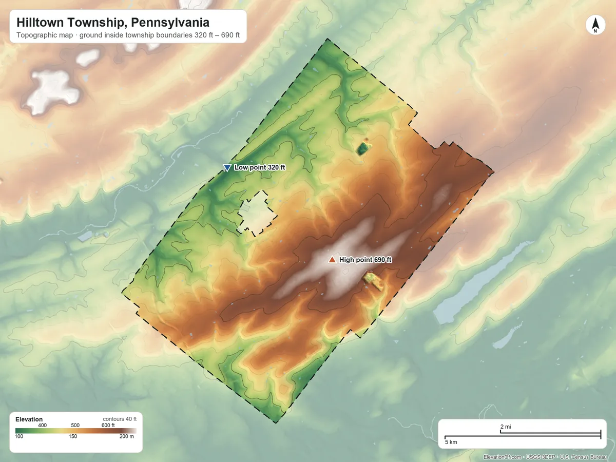 Topographic elevation map of Hilltown Township, Pennsylvania, shaded from 320 ft on the northwest side to 690 ft on the east side