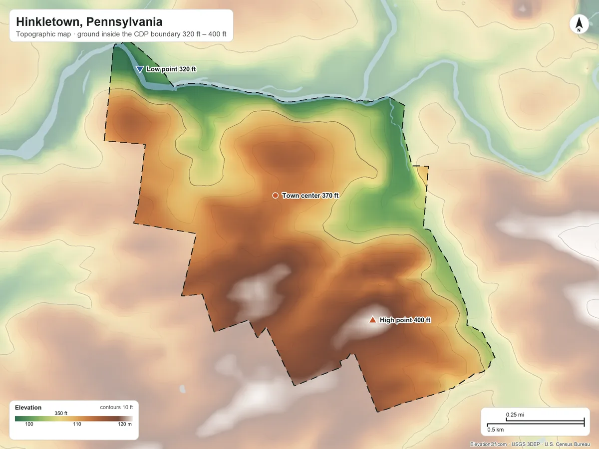 Topographic elevation map of Hinkletown, Pennsylvania, shaded from 320 ft on the northwest side to 400 ft on the southeast side