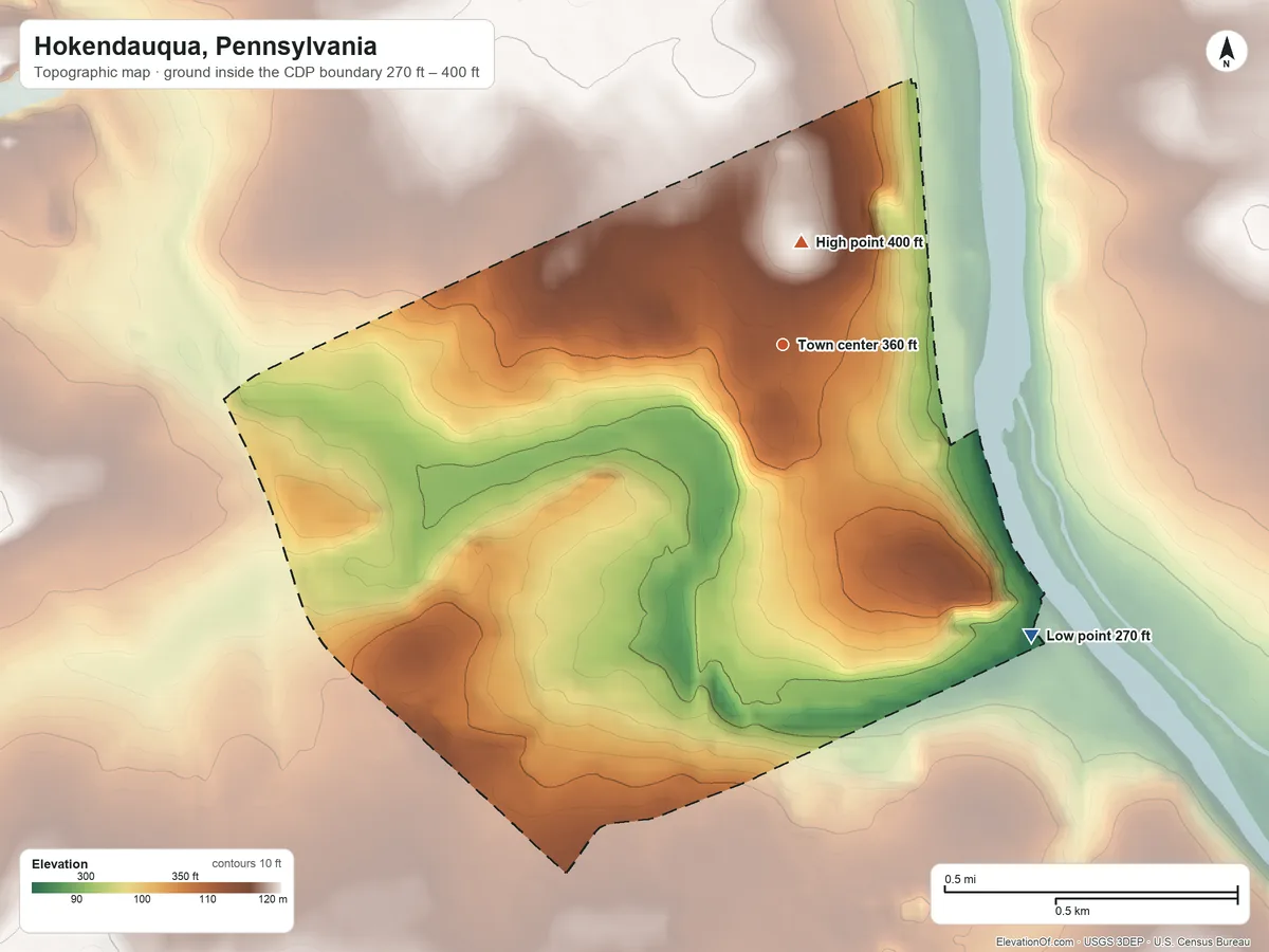 Topographic elevation map of Hokendauqua, Pennsylvania, shaded from 270 ft on the southeast side to 400 ft near the middle