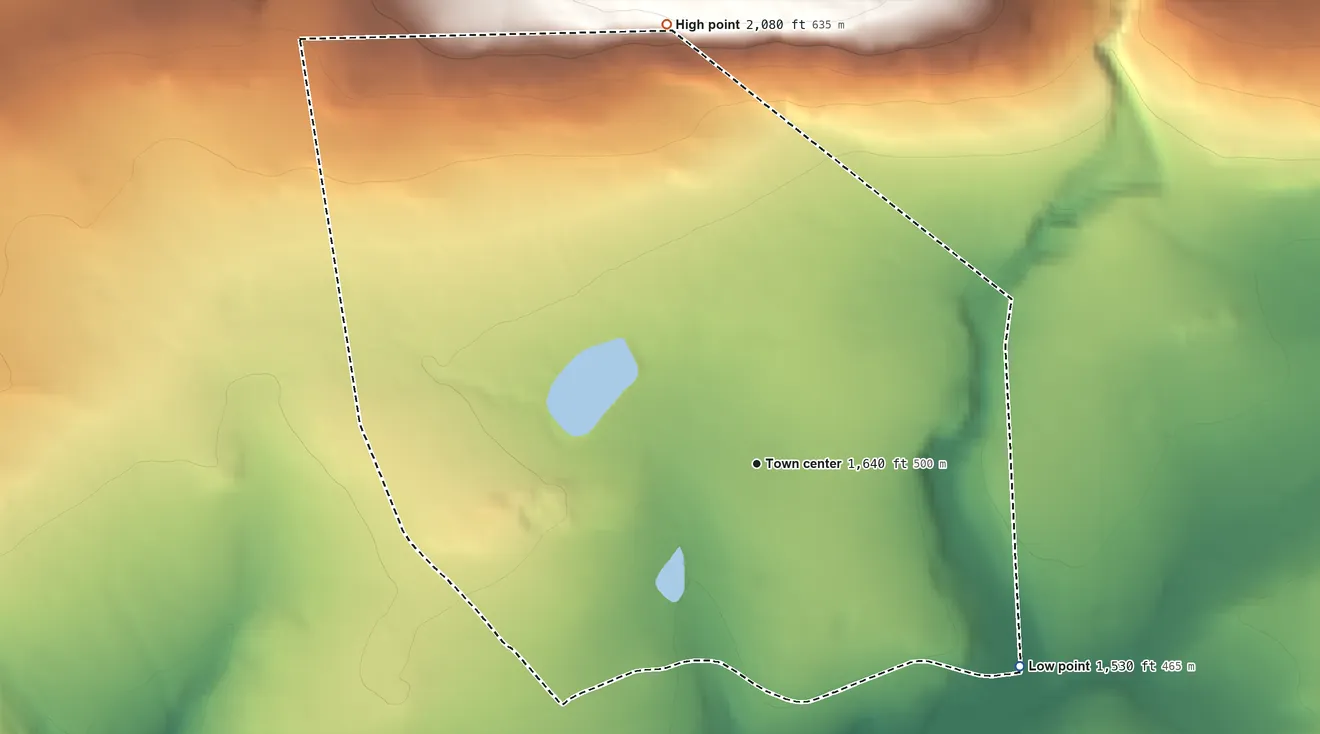 Topographic elevation map of Holiday Pocono, Pennsylvania, shaded from 1,530 ft on the southeast side to 2,080 ft on the north side