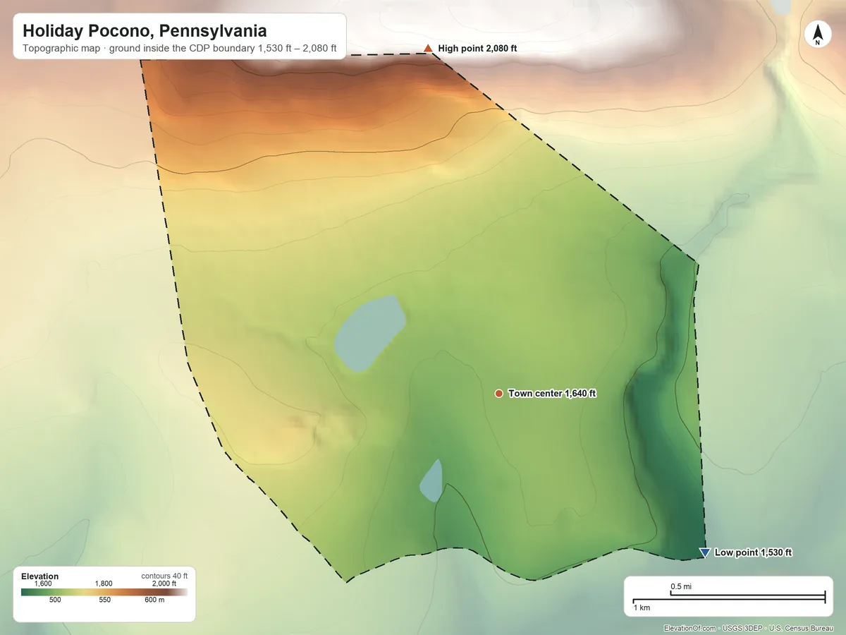 Topographic elevation map of Holiday Pocono, Pennsylvania, shaded from 1,530 ft on the southeast side to 2,080 ft on the north side