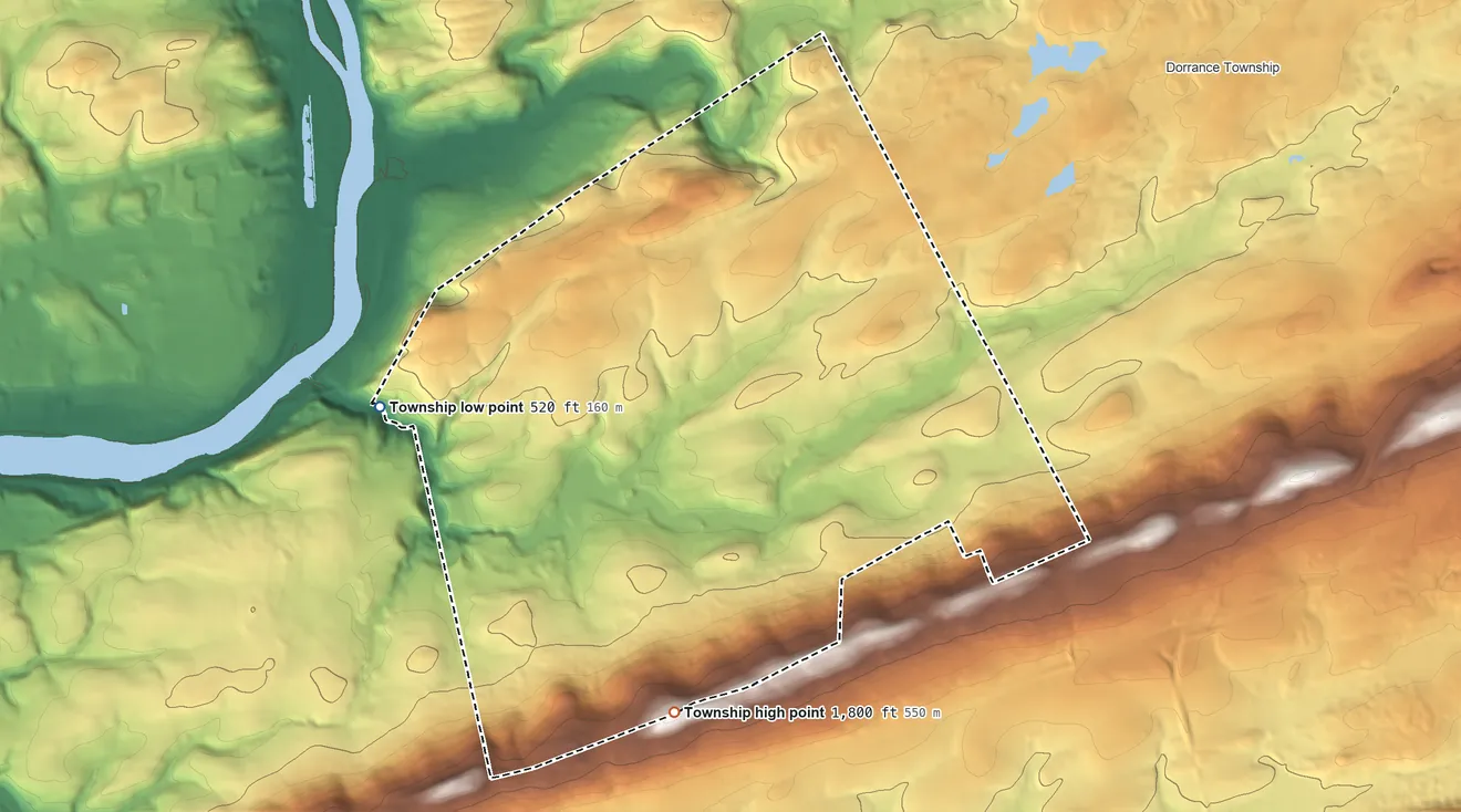 Topographic elevation map of Hollenback Township, Pennsylvania, shaded from 520 ft on the west side to 1,800 ft on the south side