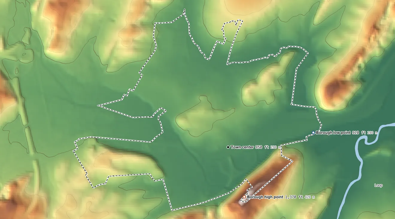 Topographic elevation map of Hollidaysburg, Pennsylvania, shaded from 920 ft on the east side to 1,370 ft on Chimney Rocks