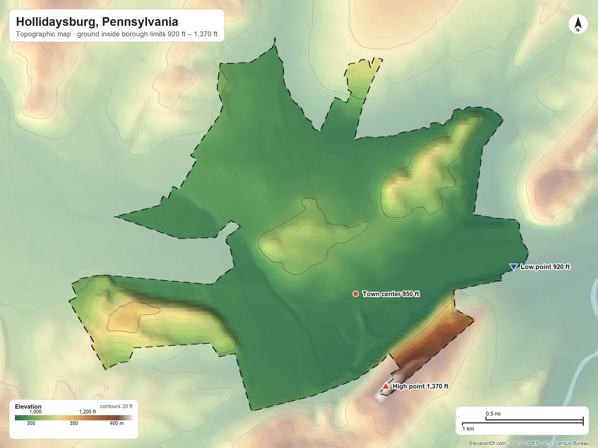 Topographic elevation map of Hollidaysburg, Pennsylvania, shaded from 920 ft on the east side to 1,370 ft on Chimney Rocks