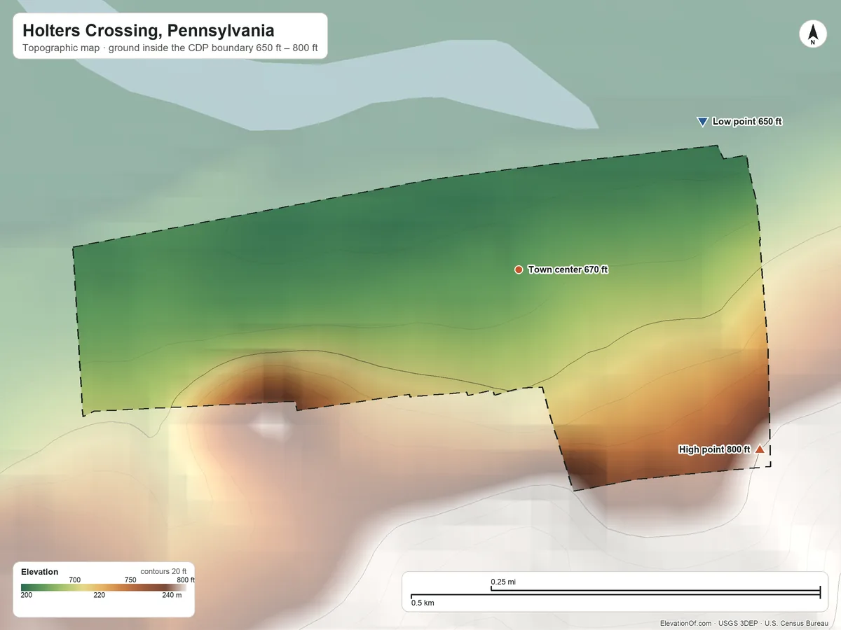 Topographic elevation map of Holters Crossing, Pennsylvania, shaded from 650 ft on the northeast side to 800 ft on the southeast edge, below higher ground just outside