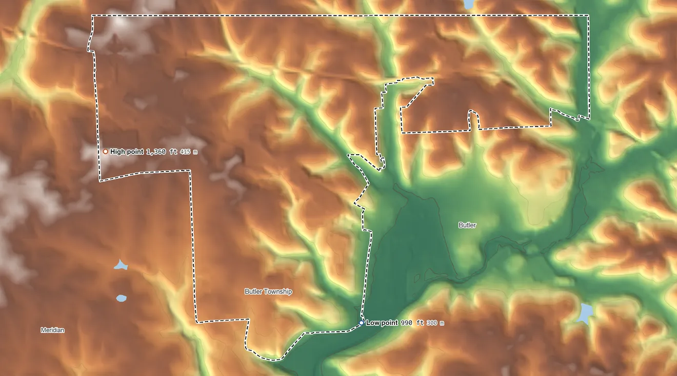Topographic elevation map of Homeacre-Lyndora, Pennsylvania, shaded from 990 ft on the southeast side to 1,360 ft on the west side